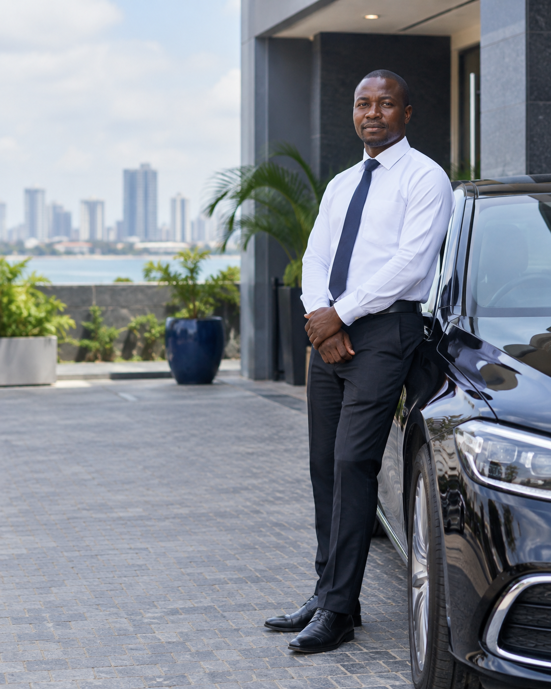 Professional driver standing beside a car in Lagos