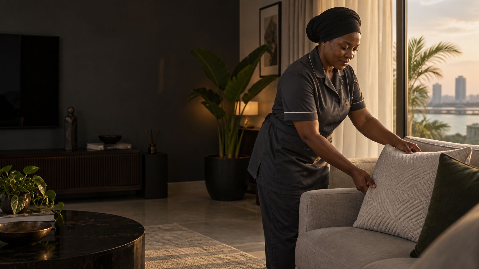 A domestic worker tidying a living room in a Lagos home